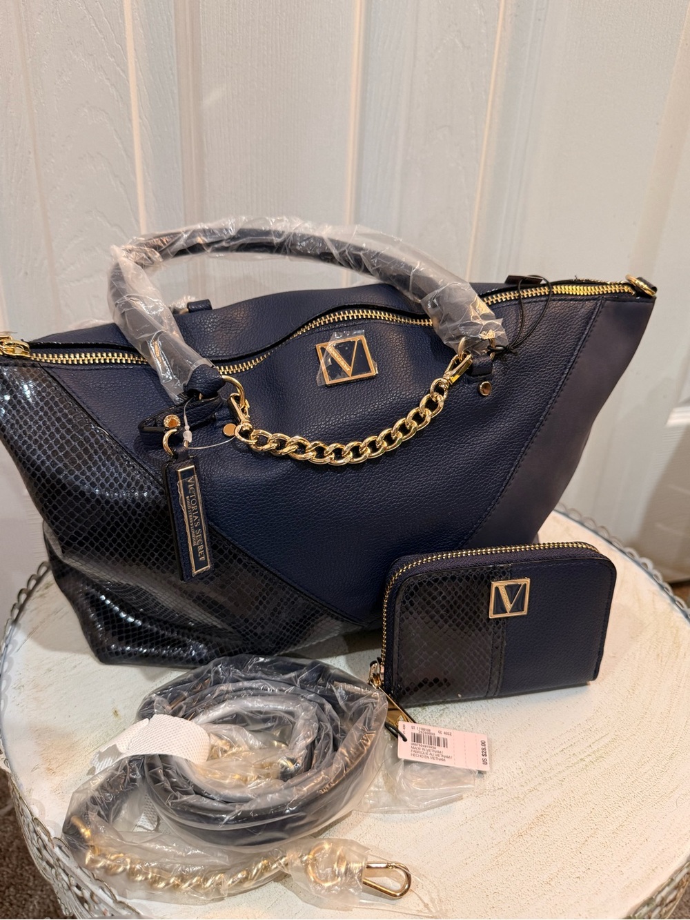Victoria's Secret Navy and Black Tote with Gold Chain Accent